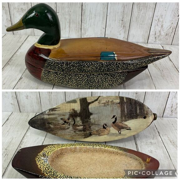Wooden Folk Art Hand Carved Mallard Duck Decoy Box W/ Goose Landscape Signed - Picture 1 of 16